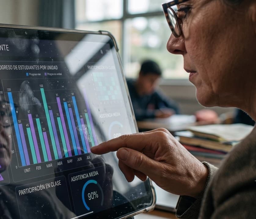 Docente revisando un panel de analítica de aprendizaje en una tablet
